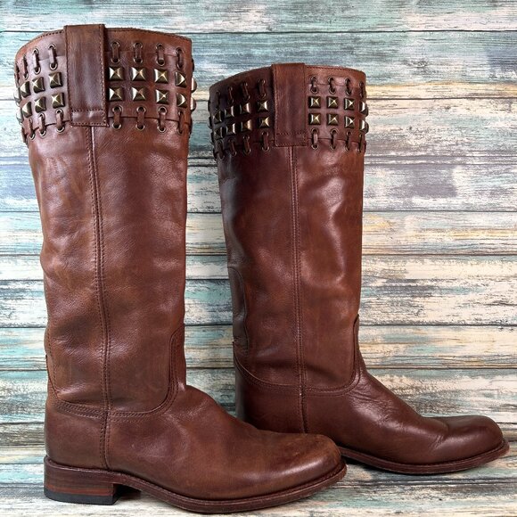 Sendra Knee High Boots Womens 8 Brown Leather Riding Moto Studded Biker Western - Picture 1 of 15